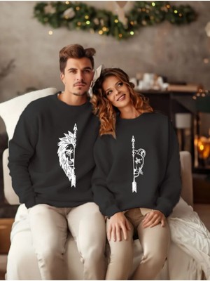 Sevgililer Günü Couple Çift Dişi ve Erkek Aslan Baskılı Sevgili Kombini Tasarım Sweatshirt