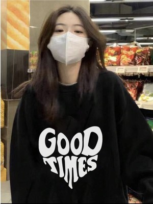 Unisex Good Times Baskılı Oversize Bisiklet Yaka Sweatshirt