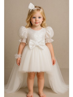 Fiyonklu ve Uzun Tül Kuyruklu Beyaz Pullu Elbise, Beyaz Payetli Kız Çocuk Elbise
