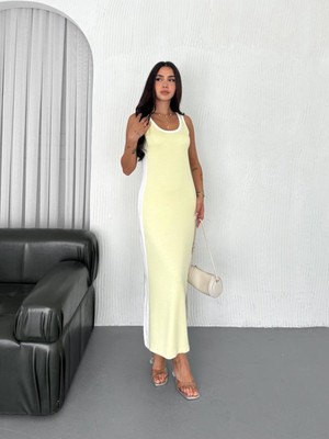 Garnili Kolsuz Askılı Yırtmaçlı Spor Günlük Modal Kumaş Elbise