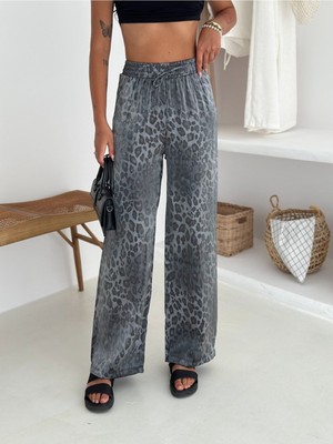 Leopar Desenli Beli Lastikli Geniş Paça Pantolon