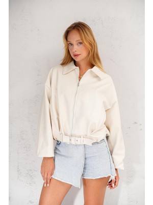 Oversize Bomber Kemerli Fermuarlı Deri Ceket