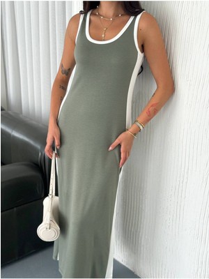 Garnili Kolsuz Askılı Yırtmaçlı Spor Günlük Modal Kumaş Elbise