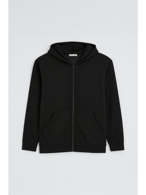 2025 Kadın Fermuarlı Basic Kapüşonlu Modal Sweatshirt Hoodie Siyah