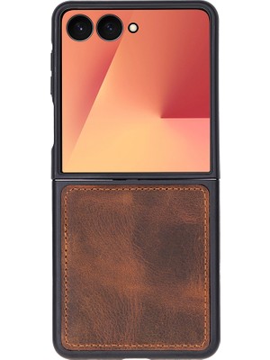 Samsung Galaxy Z Flip7 Uyumlu, Hakiki Deri, El Yapımı Arka Kapak Antik Kahve