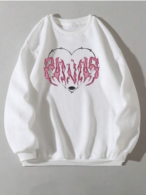 Unisex Kalp Baskılı Oversize Sweatshirt