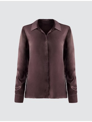 Jimmy Key Acı Kahve Rahat Kesim Uzun Kollu Saten Gömlek