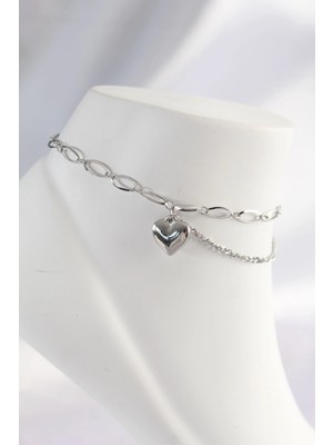 316L Çelik Gümüş Renk Kalp Tasarımlı Halhal