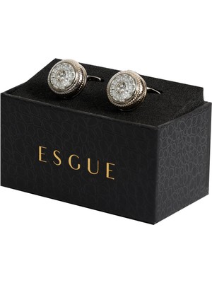 Esgue Gümüş Renk Beyaz Taşlı Desenli Yuvarlak Kol Düğmesi KD:7204