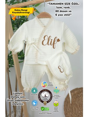 Müslin Yeni Doğan 4katlı Organik %100PAMUK Kişiye Özgü Nakışlı Hastane Çıkış Seti (Kalpli Model-8)