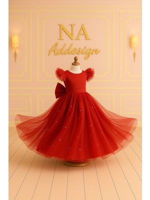 Kız Çocuk Uzun Tüllü Kabarık Abiye, Kız Çocuk Parti Elbisesi, Beyaz, Kırmızı Renk Seçeneği