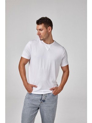 Erkek Beyaz Kısa Kollu V Detaylı Modal Basic Tişört C4T2N6O1