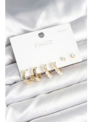 Clariss Gold Renk Pirinç 925 Ayar Gümüş Çivili Kadın Küpe Seti