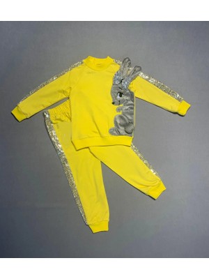 1-2-3 Yaş Payetli Pelüş Tavşan Desenli Likra Penye Kumaş Sweat Pantolonlu Kız 2li Çocuk Takımı