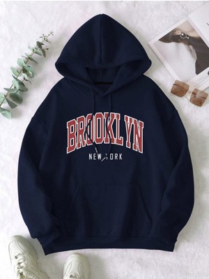 Unisex Brooklyn Baskılı Oversize Kapüşonlu Sweatshirt