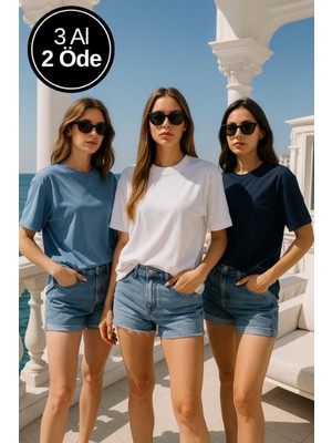 Kadın 3'lü Paket Lacivert-Mavi-Beyaz %100 Pamuk Oversize Basic Tişört Bisiklet Yaka Relaxed T-Shirt