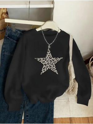 Trend Leoparlı Yıldız Baskılı Rahat Kalıp Oversize Sweatshirt