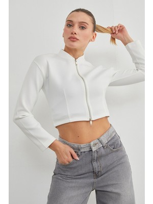  Fermuarlı Hakim Yaka  Crop  Spor Ceket