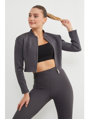  Fermuarlı Hakim Yaka Crop Spor Ceket