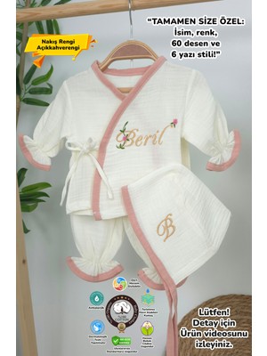 Müslin Yeni Doğan 4katlı Organik %100PAMUK Kişiye Özgü Nakışlı Hastane Çıkış Seti (Pudra Biyeli-1)