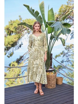 Monamise Etnik Desenli Önü Düğmeli V Yaka Elbise