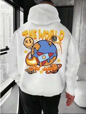 Unisex The World Baskılı Oversize Sweatshirt