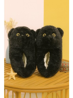 ModaFrato Barney Ayıcık Unisex Hayvanlı Panduf Ev Ayakkabısı Pufidik Siyah Peluş Malzeme ile Rahat Kullanım