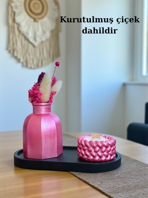 Jakaranda Design Dekoratif Vazo ( Çiçek Hediyemizdir), Mum ve Tabak 3’lü Set, Modern Masa Üstü Dekor