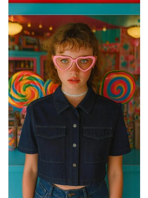 Kadın Regular Fit Cepli Lacivert Crop Jean Gömlek