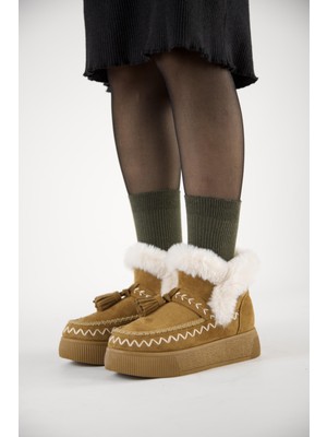 219851142-11P Kadın Yumuşak Rahat Kürklü Bot - Tekstil Süet Kışlık Taba  Bot