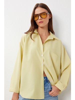 Çizgili Oversize Dokuma Gömlek LDZ0050 Sarı