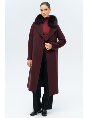 Yarasa Kol Yakası Çıkabilir Kürklü Punto Dikiş Detaylı Kaşmir Kaban Mürdüm 3120-TK