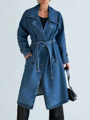 Polo State Kadın Kruvaze Yaka Trençkot Mavi