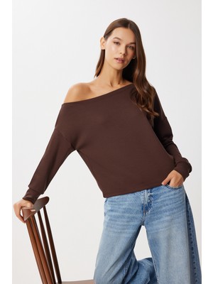 Açık Omuzlu Yumuşak Modal Bluz LRX0014 Kahverengi