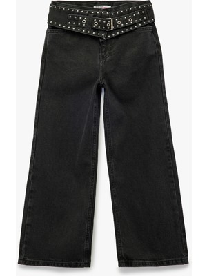 Kuşgözü Detaylı Pamuklu Kemerli Geniş Paça Denim Pantolon