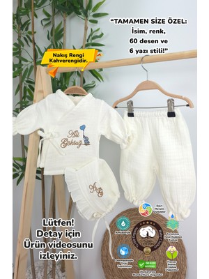 Müslin Yeni Doğan 4katlı Organik %100PAMUK Kişiye Özgü Nakışlı Hastane Çıkış Seti-Kahverengi-Filli