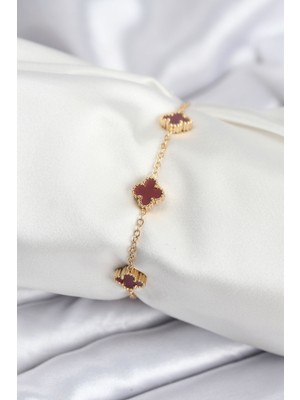 316L Çelik Gold Renk Bordo Baby Boy Yonca Kadın Bileklik - TJ-BB7950