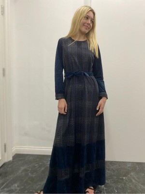 Kadın Uzun Kollu Nubuk Kadife Uzun Elbise