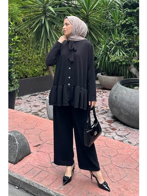 Örme Fitilli Kumaş Eteği Volan Detaylı Tesettür Takım Siyah