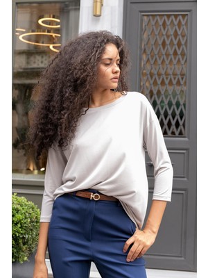 Kadın Kaliteli Modal Esnek Kumaş Geniş Sıfır Yaka Kapri Truvakar Kol Hafif Salaş Bluz-Taş