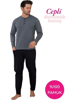Erkek 3 Düğmeli %100 Pamuk Mevsimlik Uzun Kol Cepli Pijama Takımı