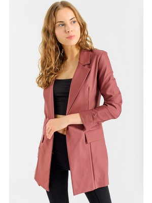 Jument Kadın Kolu Katlanabilir Uzun Kol Boyfriend Şık Ofis Blazer Uzun Ceket-Gül Kurusu