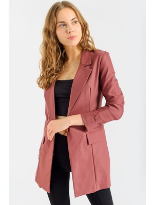Jument Kadın Kolu Katlanabilir Uzun Kol Boyfriend Şık Ofis Blazer Uzun Ceket-Gül Kurusu