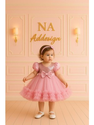 Pembe Payetli Fiyonk Detaylı Kabarık Kız Çocuk Parti & Doğum Günü Elbisesi