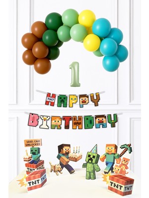 Yaş Balonlu Minecraft Tema Doğum Günü Balon ve Masa Maket Seti