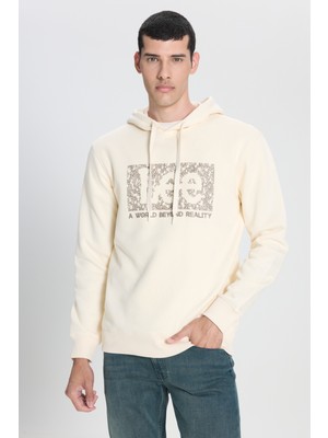 Lee L242168104 Ekru Erkek Kapüşonlu Kabartma Yazı Detaylı Üç Iplik Sweat