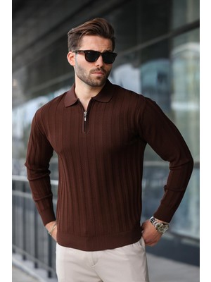 Kahverengi Yarım Fermuarlı Polo Yaka Triko Kazak E7426