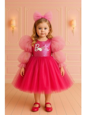 Fuşya Payetli Balon Kollu Tütü Kız Çocuk Parti ve Doğum Günü Elbisesi