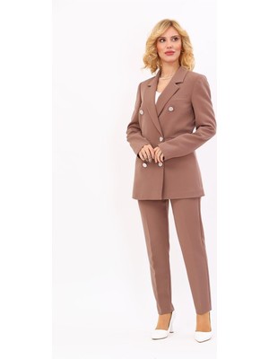 Erkek Yaka Kuruvaze Blazer Ceket & Dar Paça Pantolon-Kahve