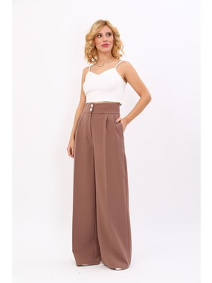 Korsaj Kemer Yüksek Bel Palazzo Pantolon-Kahve